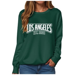 GEWSEY Womens Oversized Long Sleeve T Shirts Los Angeles California Graphic Tees Loose Fit Casual Crew Neck Tunic Tops (Dark Green, L)
