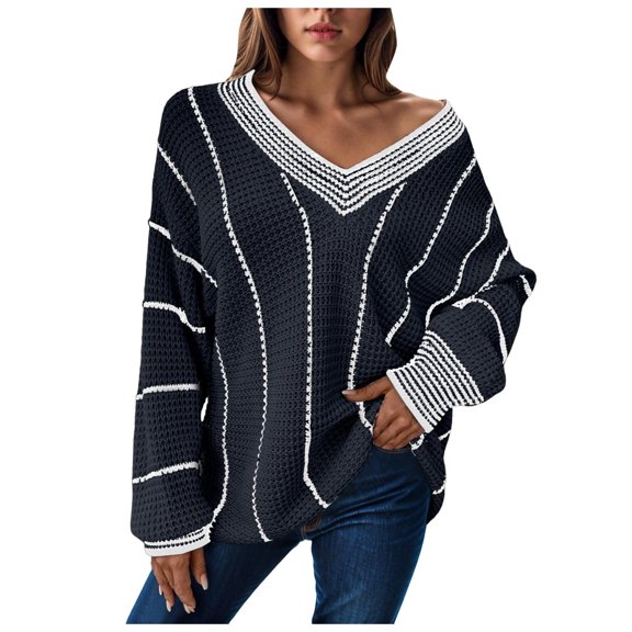 GEWSEY Womens Oversized Striped Tunic Sweaters Casual V Neck Long Sleeve Color Block Knit Pullover Jumper Tops (Blue, S)