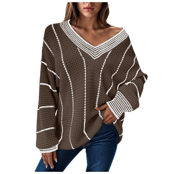 GEWSEY Womens Oversized Striped Tunic Sweaters Casual V Neck Long Sleeve Color Block Knit Pullover Jumper Tops (Coffee, L)