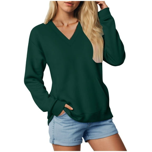 GEWSEY Womens Oversized V Neck Sweatshirts Casual Fall Loose Fit Long Sleeve Pullover Tops (Dark Green, L)