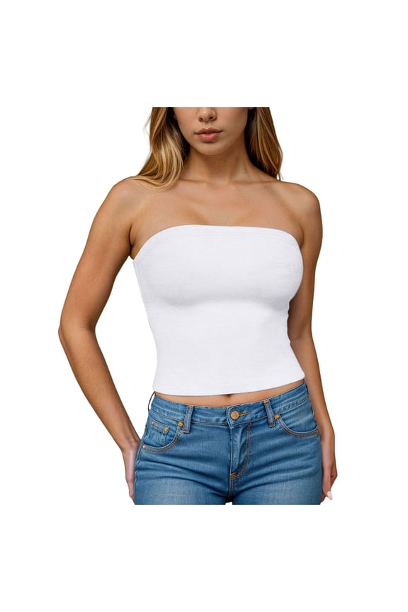 Womens Padded Tube Tops Push Up Bulit in Bra Strapless Crop Tops Bandeau Double Lined Basic Going Out Tank Top (White, S)