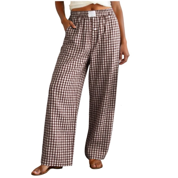 GEWSEY Womens Pajama Pants Cotton Plaid Lounge Pants Y2K Pj Bottoms Drawstring Sleepwear With Pockets S-3XL (Coffee, M)
