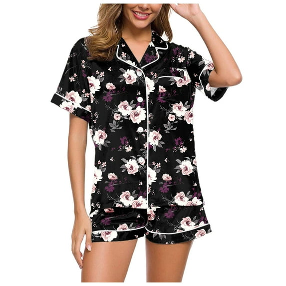 GEWSEY Womens Pajamas Set Summer Short Sleeve Pjs Button Down Loungewear Soft Sleepwear (Black, S)