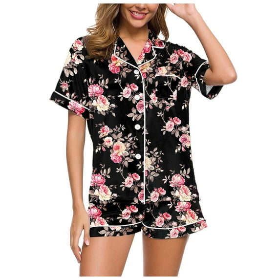 GEWSEY Womens Pajamas Set Summer Short Sleeve Pjs Button Down Loungewear Soft Sleepwear ( Red, XXL)