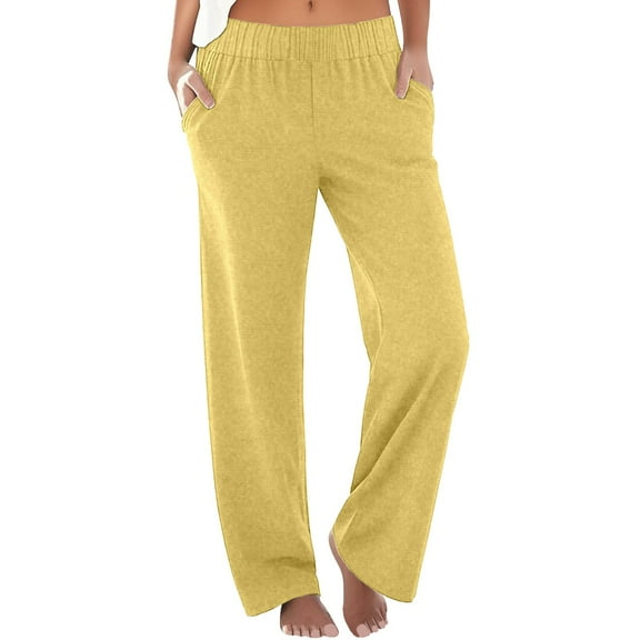 GEWSEY Womens Palazzo Long Pants High Waist Wide Leg Stretchy Loose Fit Casual Trousers with Pocket (Yellow, S)