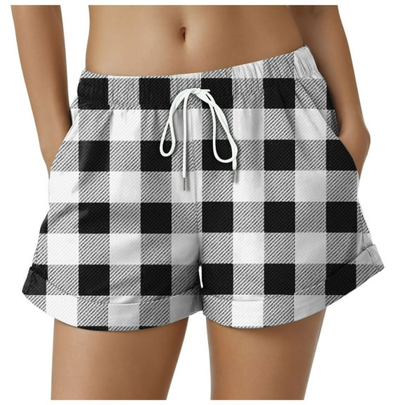 GEWSEY Womens Plaid Shorts Casual Elastic Waist Checkered Shorts Women Trendy with Pockets (Black, 3XL)