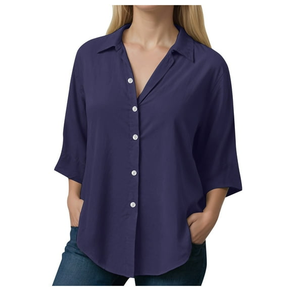 GEWSEY Womens Plus Size Button Down Shirts Long Sleeve Dress Linen Shirts Casual Collared Cotton Button Up Blouses Oversized Tops with Pockets (Blue1, S)