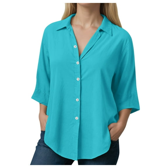 GEWSEY Womens Plus Size Button Down Shirts Long Sleeve Dress Linen Shirts Casual Collared Cotton Button Up Blouses Oversized Tops with Pockets (Blue2, S)