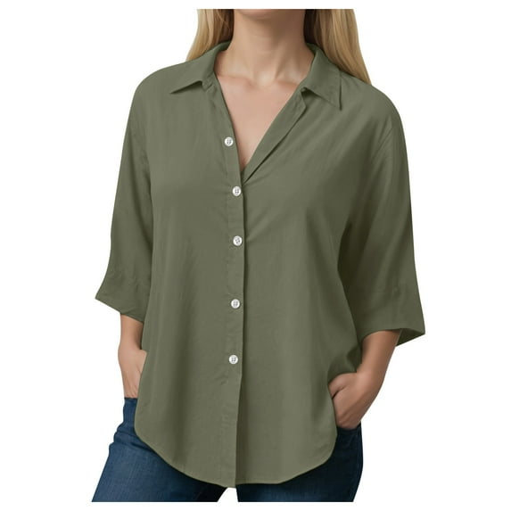 GEWSEY Womens Plus Size Button Down Shirts Long Sleeve Dress Linen Shirts Casual Collared Cotton Button Up Blouses Oversized Tops with Pockets (Green1, M)