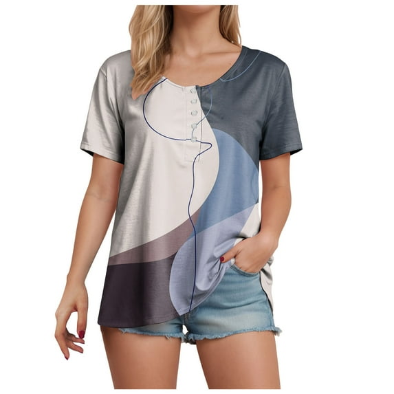 GEWSEY Womens-Plus-Size-Summer-Tops Dressy V Neck T Shirts Trendy Striped Color Block Short Sleeve Buttons Up Blouses Tunics (Light Purple, 5XL)