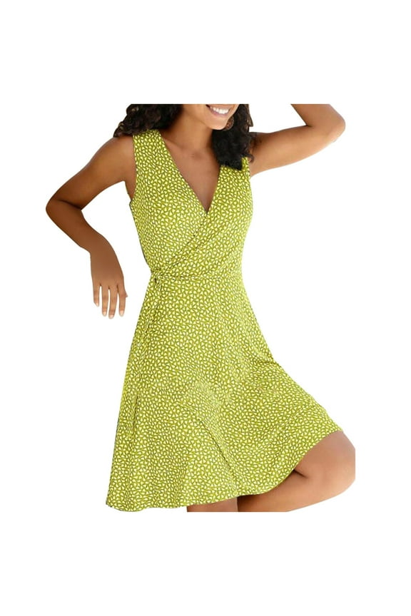 Womens Plus Size Summer Sleeveless Floral Dress Wrap V Neck Tank Dress (Yellow, 5XL)