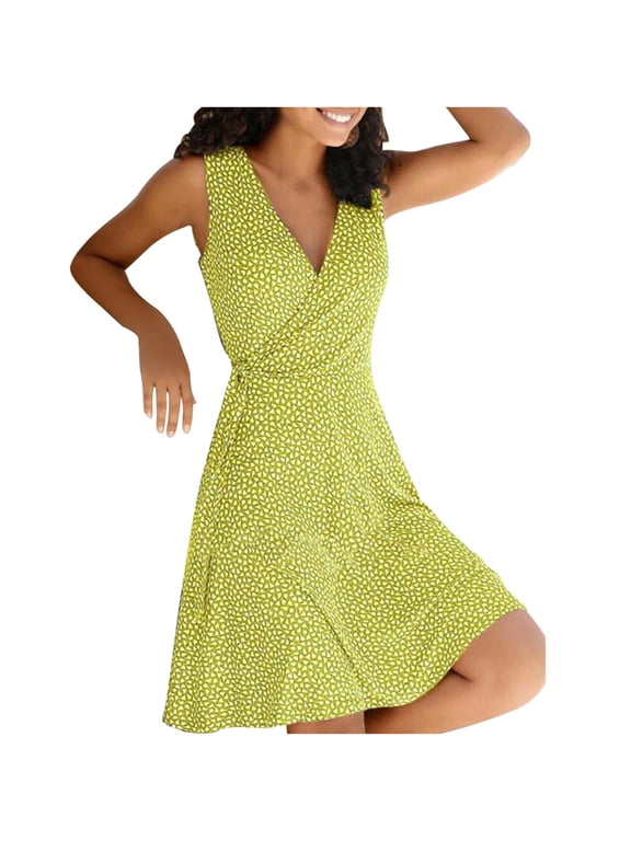 Womens Plus Size Summer Sleeveless Floral Dress Wrap V Neck Tank Dress (Yellow, XL)