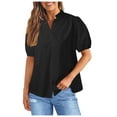 thumbnail image 1 of GEWSEY Womens Puff Sleeve Button Down Shirts Cotton Pleated Loose Fit Tops Summer Dressy Casual Blouses Black, 2XL, 1 of 5