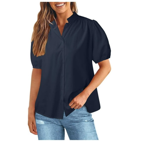 GEWSEY Womens Puff Sleeve Button Down Shirts Cotton Pleated Loose Fit Tops Summer Dressy Casual Blouses Blue, XL
