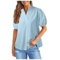 thumbnail image 1 of GEWSEY Womens Puff Sleeve Button Down Shirts Cotton Pleated Loose Fit Tops Summer Dressy Casual Blouses Light Blue, S, 1 of 5