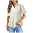 thumbnail image 1 of GEWSEY Womens Puff Sleeve Button Down Shirts Cotton Pleated Loose Fit Tops Summer Dressy Casual Blouses White, L, 1 of 5