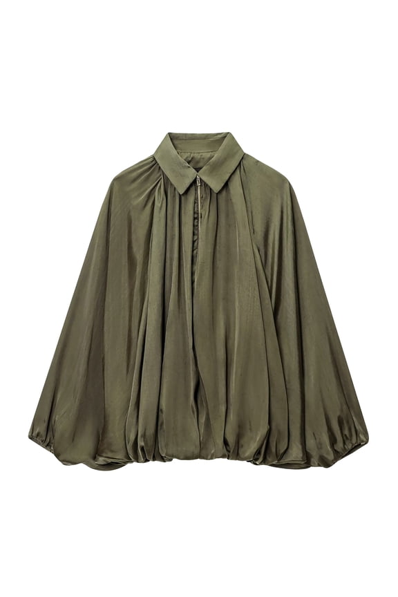 Womens Puffed Bomber Jacket Casual Batwing Sleeve Lapel Collar Zip Shirts Oversized Pleated Streetwear Jackets (Green, S)