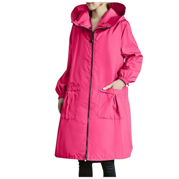GEWSEY Womens Rain Jacket Extra Length Raincoats Waterproof Lightweight Hooded Windbreaker Outdoor Poncho with Pockets (Red1, 3XL)