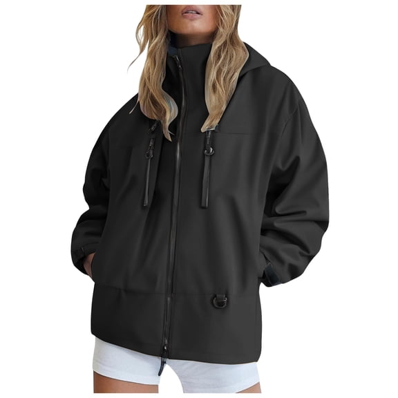 GEWSEY Womens Rain Jacket Waterproof with Hood Lightweight Rain Coats Loose Raincoat Outdoor Windbreaker Fall Jackets (Black, XXL)