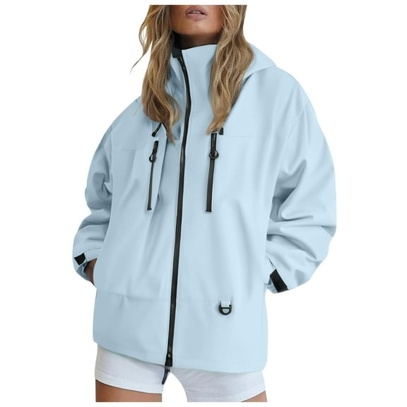 GEWSEY Womens Rain Jacket Waterproof with Hood Lightweight Rain Coats Loose Raincoat Outdoor Windbreaker Fall Jackets (Blue, XXL)