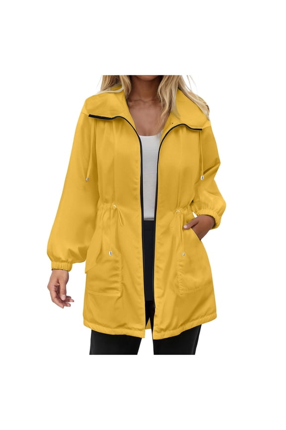 Womens Rain Jacket with Hood Packable Lightweight Raincoats for Women Waterproof Long Rain Coat Windbreaker (Yellow, XL)