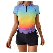 GEWSEY Womens Rash Guard Set Surfing Bathing Suit Zipper Front Short Sleeve Swim Shirt with Trunks Two Piece Swimsuits (Black, S)