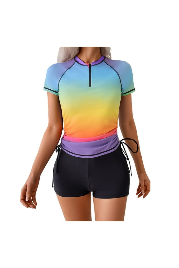 Womens Rash Guard Set Surfing Bathing Suit Zipper Front Short Sleeve Swim Shirt with Trunks Two Piece Swimsuits (Black, XL)