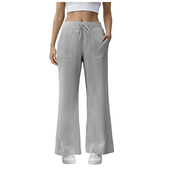 GEWSEY Womens Ribbed Knit Lounge Pajama Pants Soft Fuzzy Comfy Straight Leg Drawstring Fall Loose Pj Bottoms with Pockets (Grey, M)