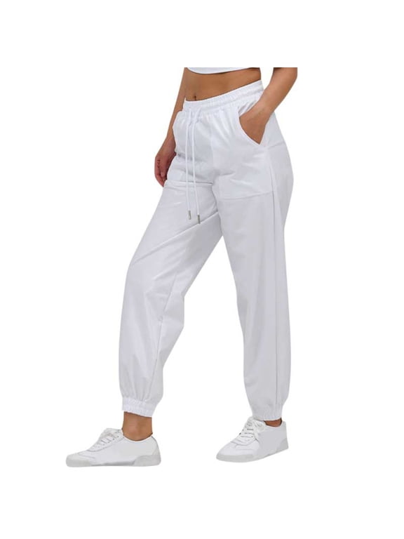 Womens Shiny Metallic High Waist Stretchy Jogger Pants Holographic Hop Club Wear Streetwear (White, XL)