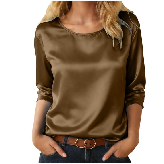 GEWSEY Womens Silk Satin Tops 3/4 Length Sleeve Shirts Round Neck Loose Casual Blouses Business Work Dressy Tshirts Outfits (Coffee, XL)