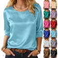 thumbnail image 1 of GEWSEY Womens Silk Satin Tops 3/4 Length Sleeve Shirts Round Neck Loose Casual Blouses Business Work Dressy Tshirts Outfits (Red, S), 1 of 9