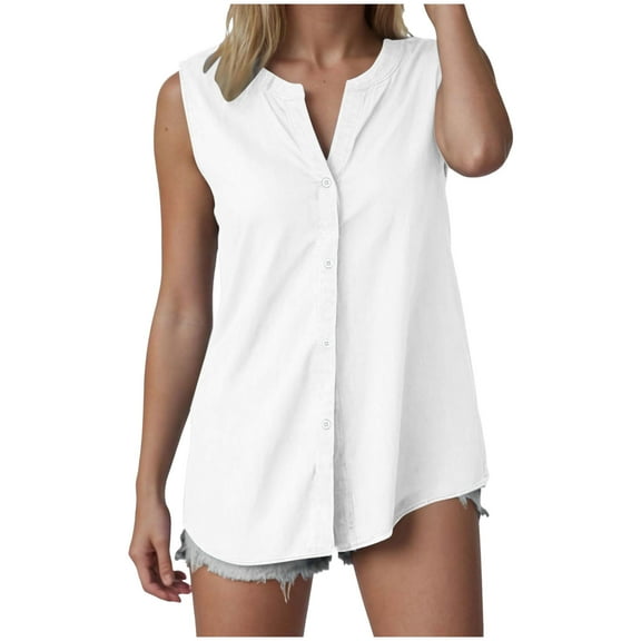 GEWSEY Womens Sleeveless Button Down Shirts Cotton Linen Blouses Solid Color V Neck Casual Work Tank Tops (White, 3XL)