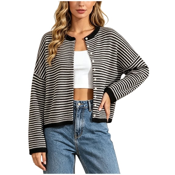 GEWSEY Womens Striped Cardigan Sweater Casual Crew Neck Open Front Button Down Long Sleeve Knit Sweaters Fall Outerwear (Brown, S)