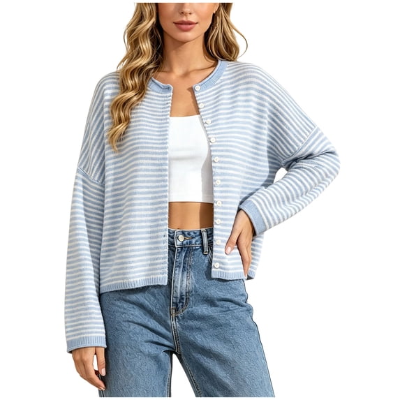 GEWSEY Womens Striped Cardigan Sweater Casual Crew Neck Open Front Button Down Long Sleeve Knit Sweaters Fall Outerwear (Light Blue, L)