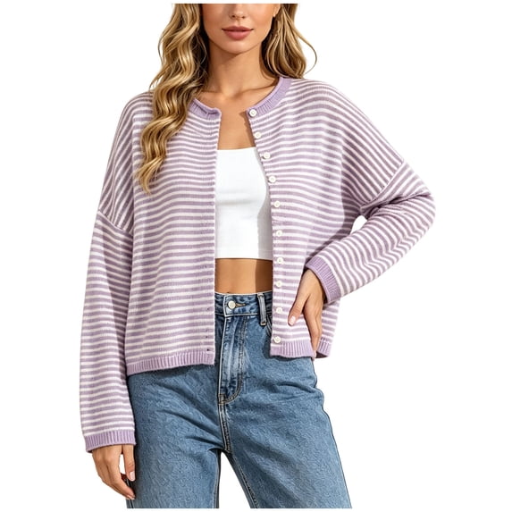 GEWSEY Womens Striped Cardigan Sweater Casual Crew Neck Open Front Button Down Long Sleeve Knit Sweaters Fall Outerwear (Purple, XL)