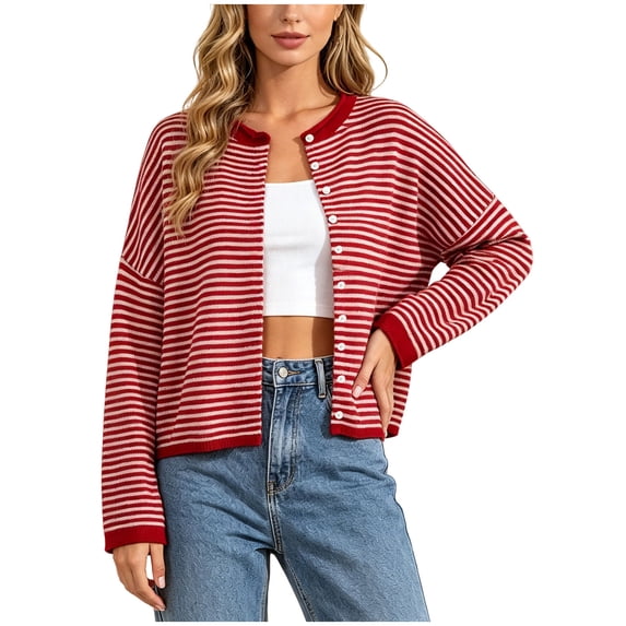 GEWSEY Womens Striped Cardigan Sweater Casual Crew Neck Open Front Button Down Long Sleeve Knit Sweaters Fall Outerwear (Red, L)