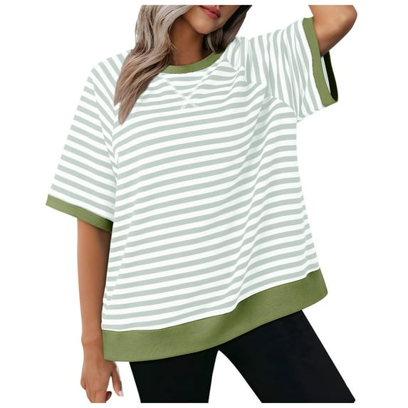 GEWSEY Womens Striped Short Sleeve Tunic Tops Oversized Crewneck T Shirt Casual Loose Fit Color Block Sweatshirt Green, XXL