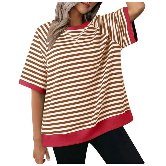 GEWSEY Womens Striped Short Sleeve Tunic Tops Oversized Crewneck T Shirt Casual Loose Fit Color Block Sweatshirt Red, XL