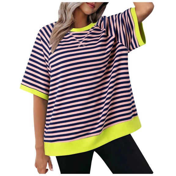 GEWSEY Womens Striped Short Sleeve Tunic Tops Oversized Crewneck T Shirt Casual Loose Fit Color Block Sweatshirt Yellow, S