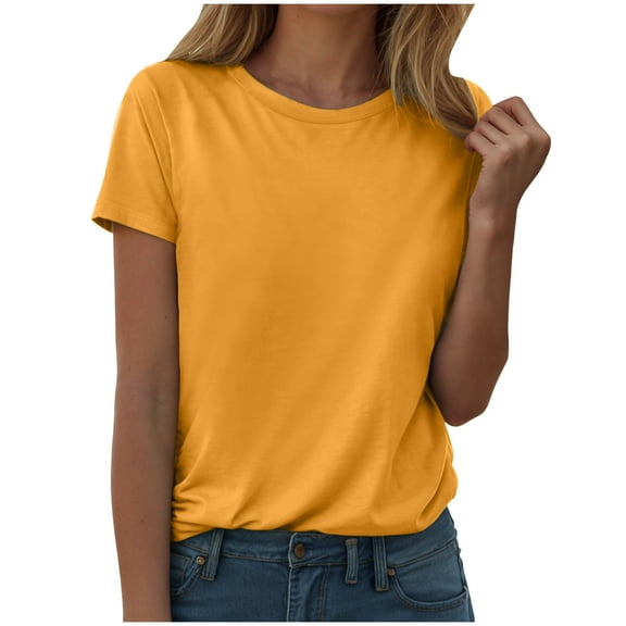 GEWSEY Womens Summer Cap Sleeve T-Shirts Casual Loose Fit Tunic Tops Crew Neck Tee Shirts (Gold, S)
