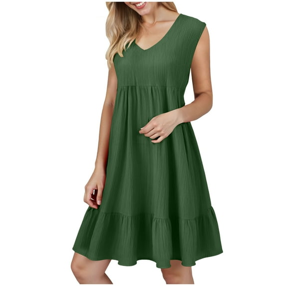 GEWSEY Womens Summer Mini Dresses Casual Ruffle Flowy Tiered Sleeveless Sundresses Swing A Line Beach Short Dress (Green, XL)
