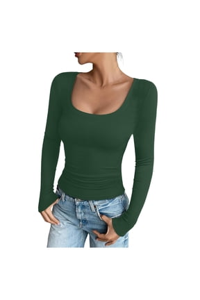 Womens Summer Short Sleeve Tops Square Neck Ribbed Slim Fitted Shirts Casual Tee Tshirt (Dark Green, XXL)