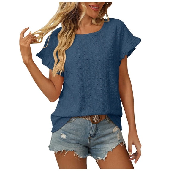 GEWSEY Womens Summer Tops Crewneck Eyelet Ruffle Sleeve Blouses Casual Shirts 2025 (Blue, S)