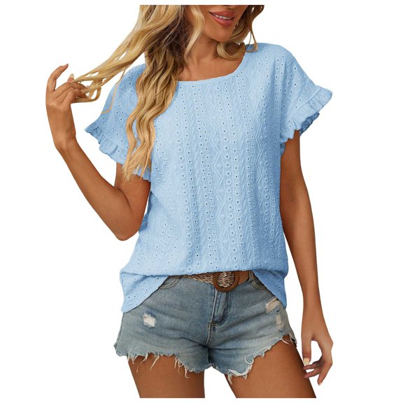 GEWSEY Womens Summer Tops Crewneck Eyelet Ruffle Sleeve Blouses Casual Shirts 2025 (Light Blue, S)