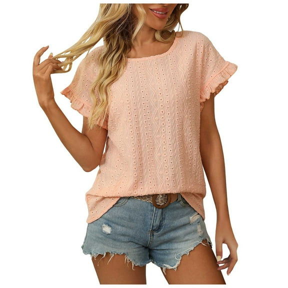 GEWSEY Womens Summer Tops Crewneck Eyelet Ruffle Sleeve Blouses Casual Shirts 2025 (Orange, S)