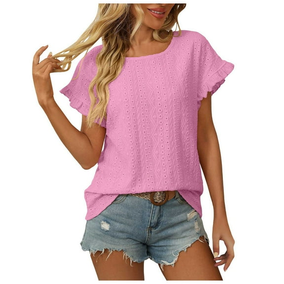 GEWSEY Womens Summer Tops Crewneck Eyelet Ruffle Sleeve Blouses Casual Shirts 2025 (Pink, S)