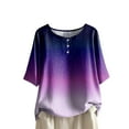 thumbnail image 1 of GEWSEY Womens Summer Tops Elbow Sleeve Tops Women Button Down T Shirts Scoop Neck Striped Floral Blouses Dressy Casual (Dark Purple, XL), 1 of 6