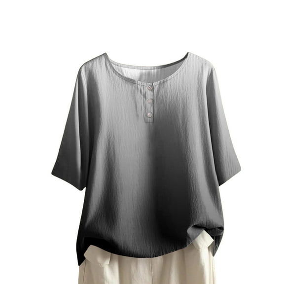 GEWSEY Womens Summer Tops Elbow Sleeve Tops Women Button Down T Shirts Scoop Neck Striped Floral Blouses Dressy Casual (Grey, L)