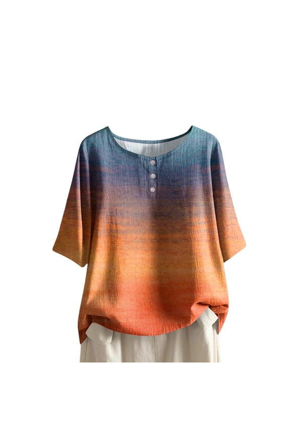 Womens Summer Tops Elbow Sleeve Tops Women Button Down T Shirts Scoop Neck Striped Floral Blouses Dressy Casual (Orange, M)