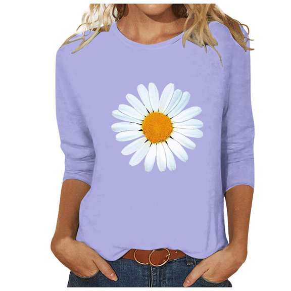 GEWSEY Womens Summer Tops Fashion Cute Daisy Print Shirts 3/4 Sleeve Casual Crewneck T Shirt Trendy Plus Size Tunic Blouses Purple, XL